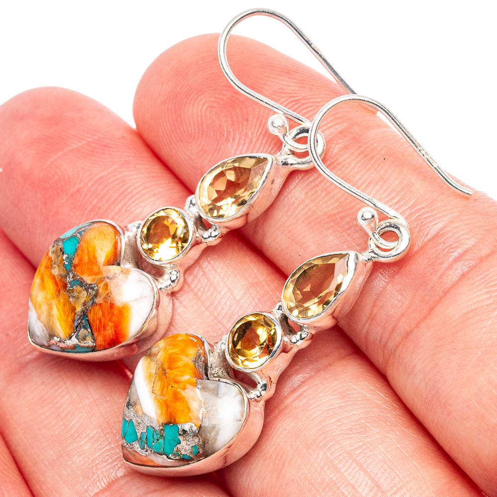 Spiny Oyster Turquoise, Citrine Heart Earrings 1 3/4" (925 Sterling Silver) E1787