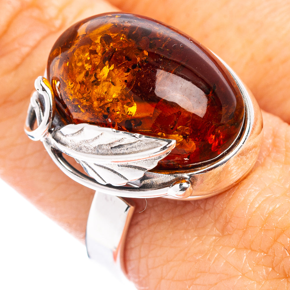 Baltic Amber Leaf Ring Size 8 Adjustable (.925 Sterling Silver)
