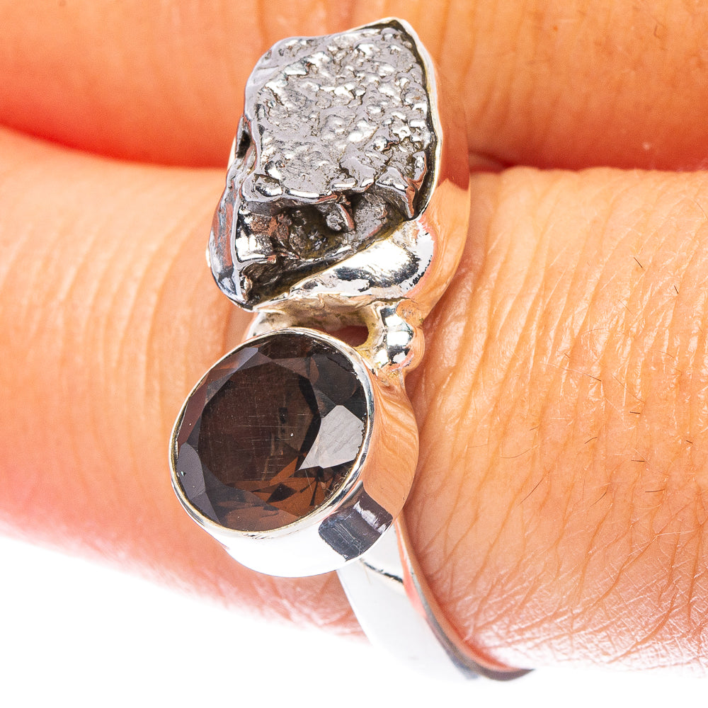 Rare Meteorite, Smoky Quartz Ring Size 8.5 (925 Sterling Silver) R6893