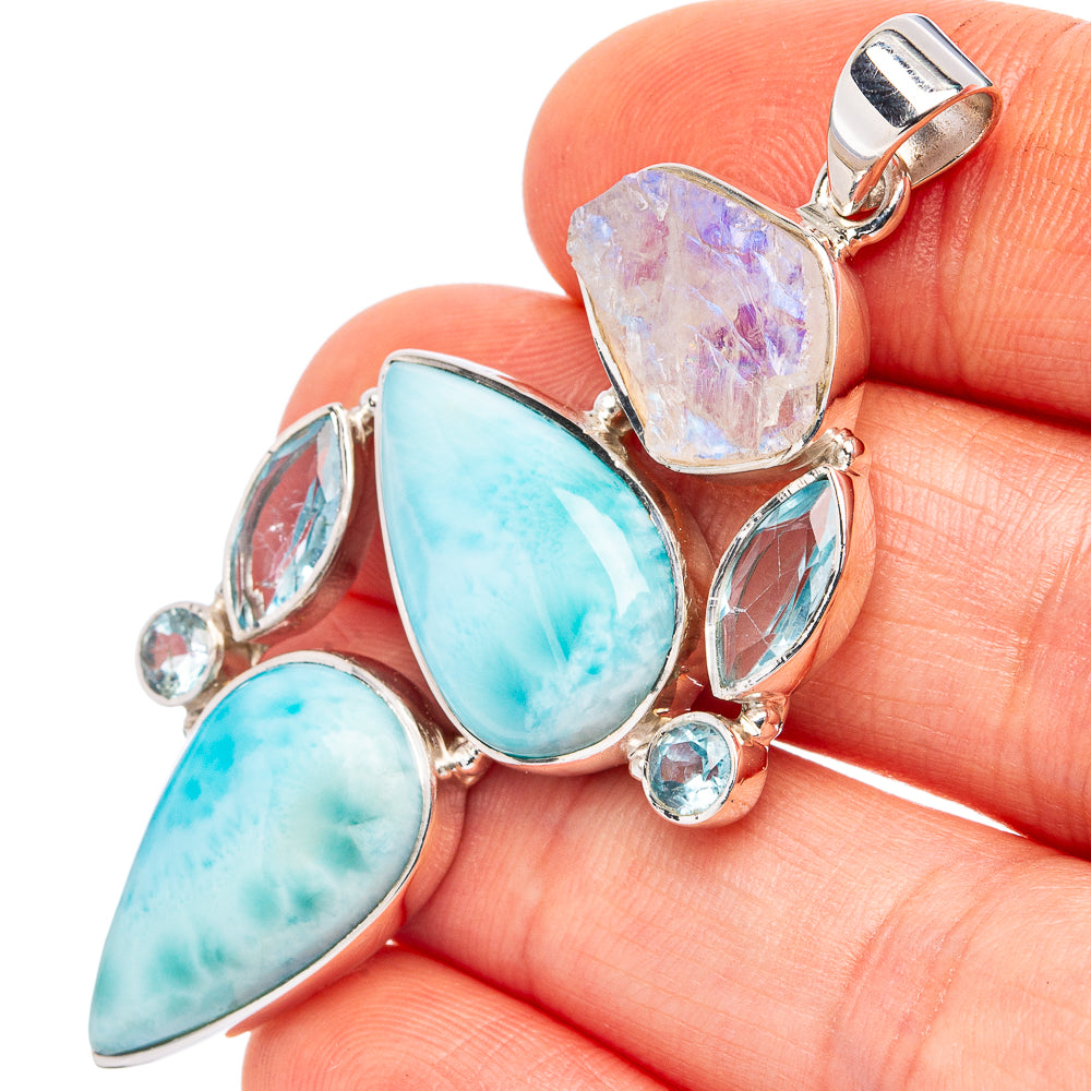 Signature Larimar, Blue Topaz, Rainbow Moonstone Pendant 2 1/4" (.925 Sterling Silver)