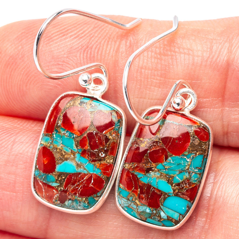 Coral Turquoise Matrix Earrings 1 1/4" (.925 Sterling Silver)
