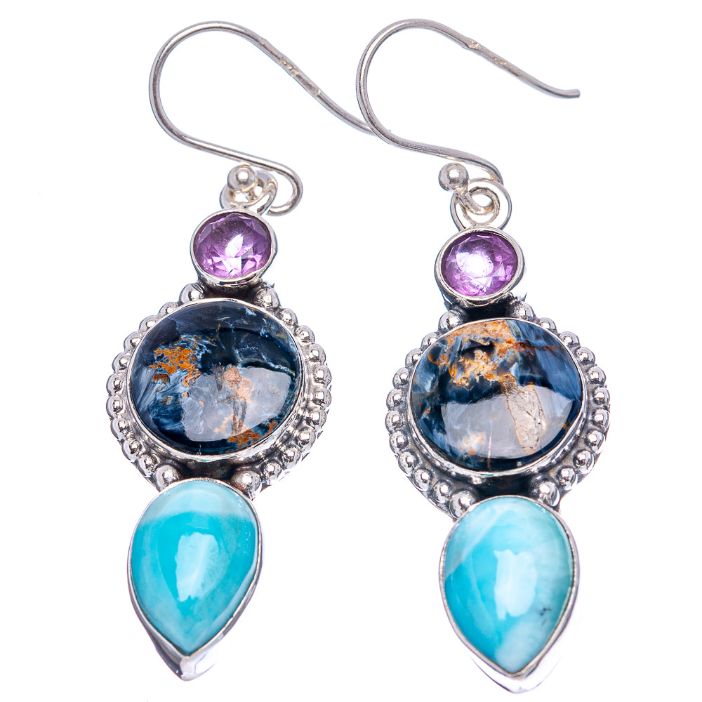 Premium Pietersite, Larimar, Amethsyt Earrings 1 7/8" (.925 Sterling Silver)