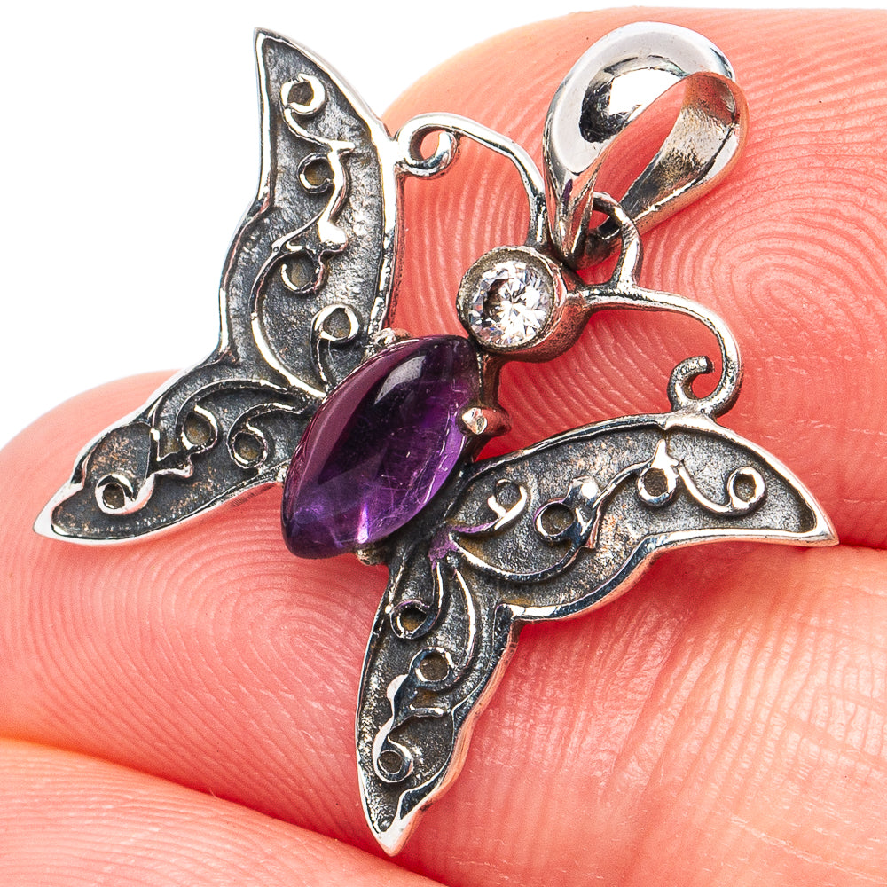 Dainty Amethyst, White Quartz Butterfly Pendant 7/8" (925 Sterling Silver) P45287