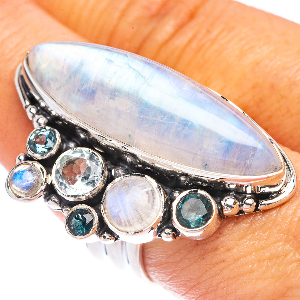 Signature Rainbow Moonstone, Blue Topaz Ring Size 8.5 (925 Sterling Silver) R1783