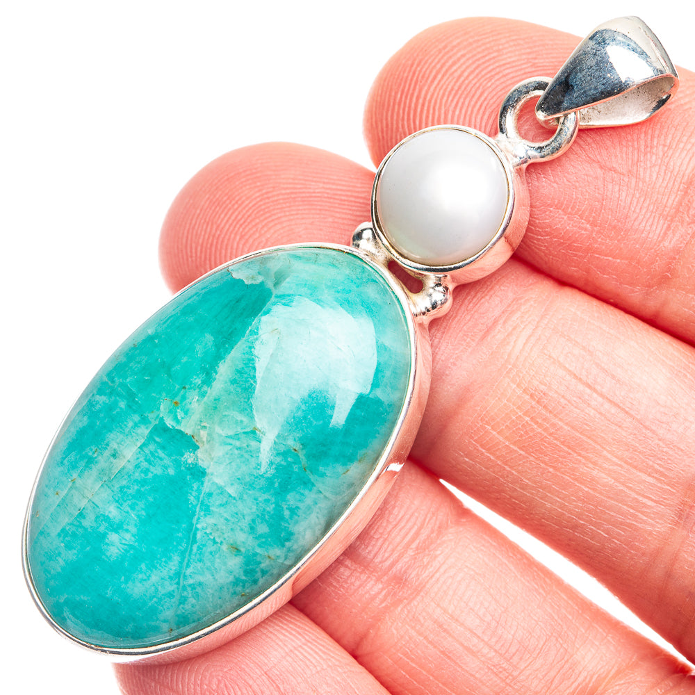 Peruvian Amazonite, Cultured Pearl Pendant 2 1/8" (925 Sterling Silver) P39326
