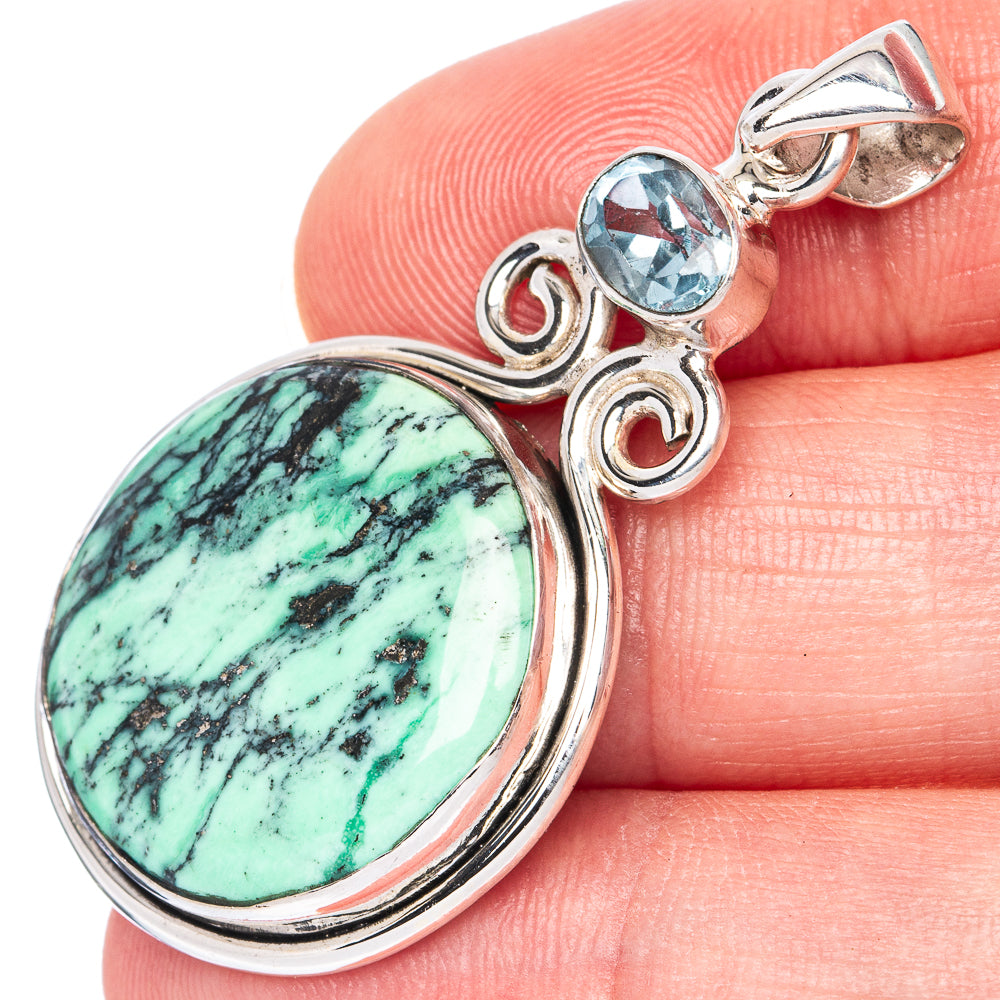 African Turquoise Jasper, Blue Topaz Pendant 1 7/8" (925 Sterling Silver) P41280
