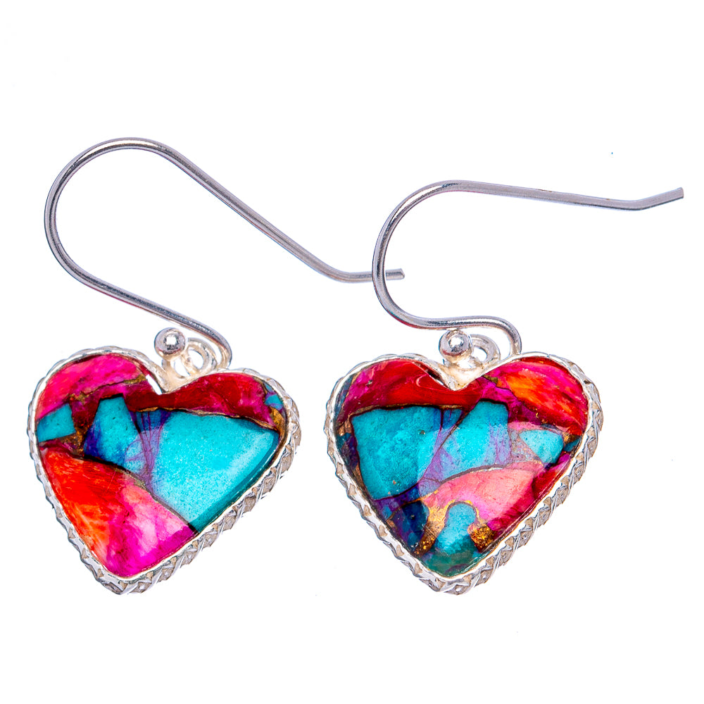Pink Dahlia Mohave Turquoise Heart Earrings 1 1/8" (.925 Sterling Silver)