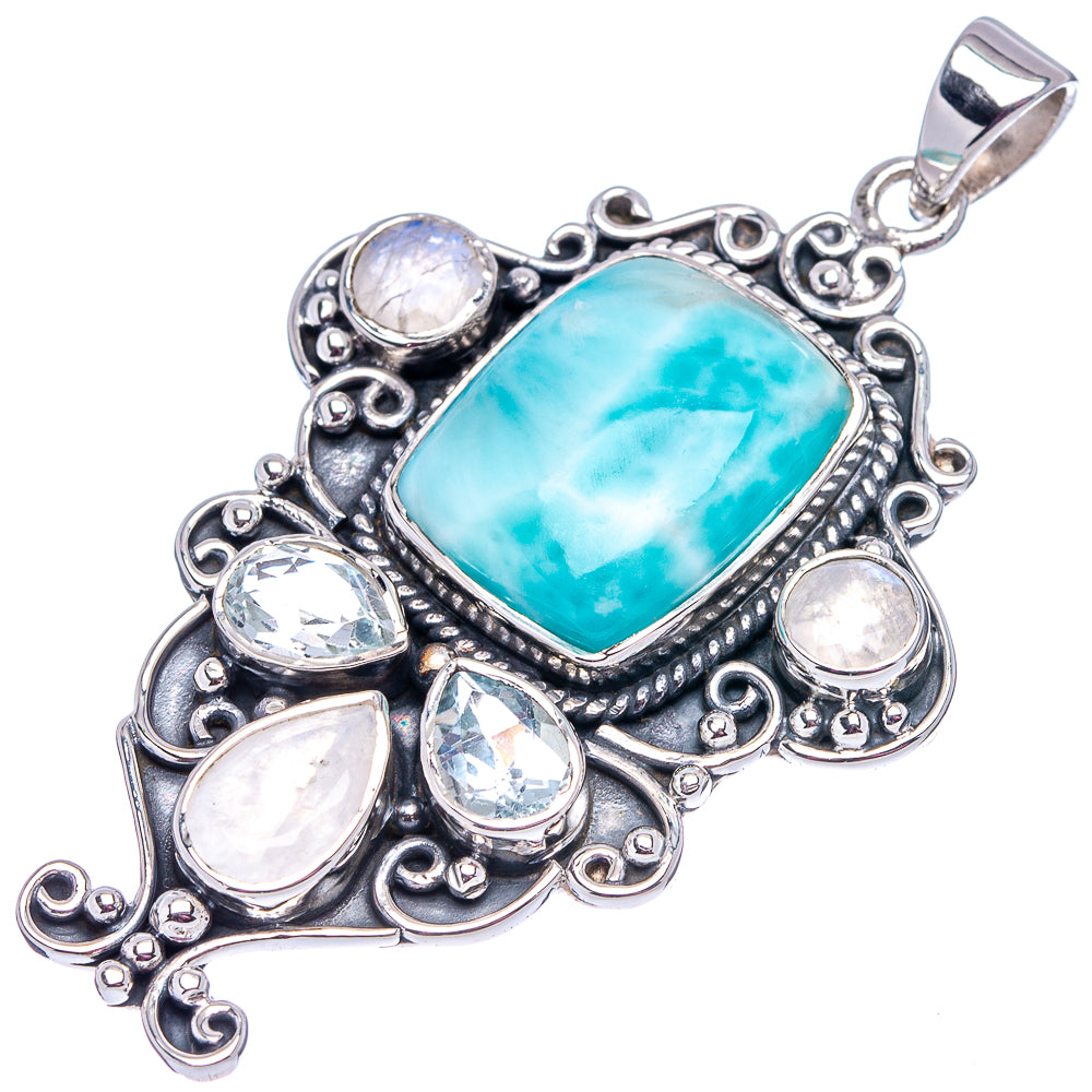 Signature Larimar, Rainbow Moonstone, Aquamarine Pendant 2 1/8" (.925 Sterling Silver)