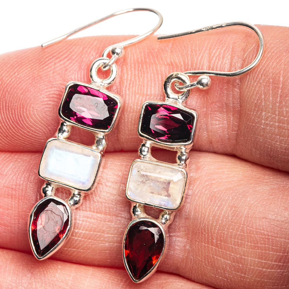 Rainbow Moonstone, Garnet Earrings 1 5/8" (925 Sterling Silver) E432671
