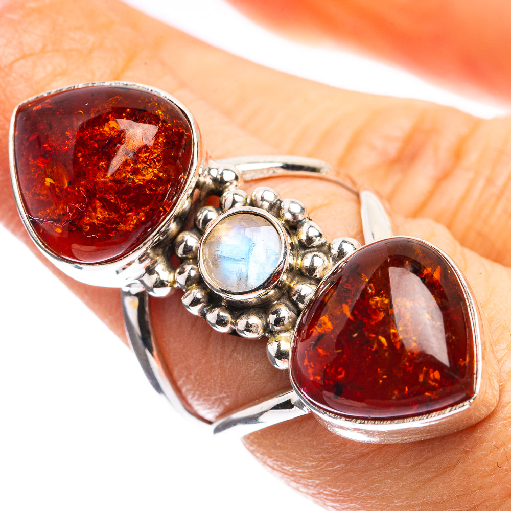 Large Baltic Amber, Rainbow Moonstone Ring Size 6 (925 Sterling Silver) R143037