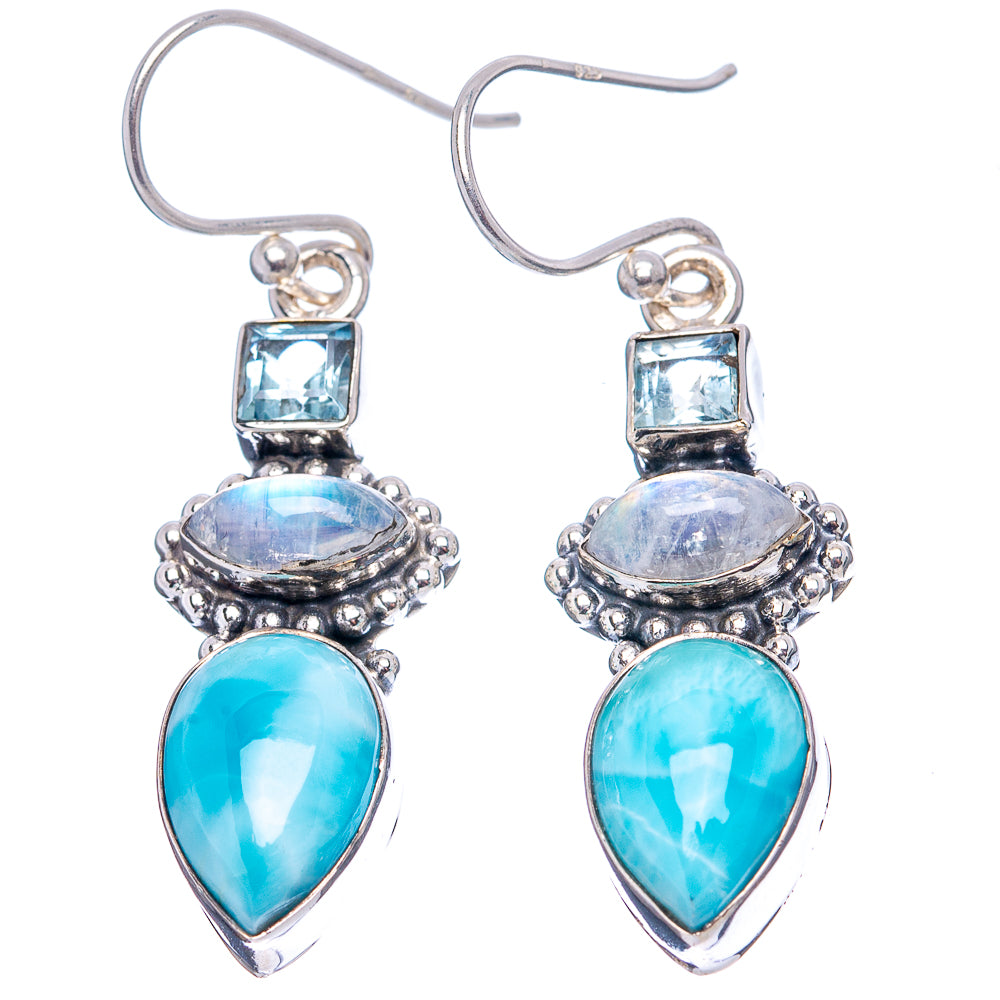 Premium Larimar, Rainbow Moonstone, Blue Topaz Earrings 1 5/8" (.925 Sterling Silver)