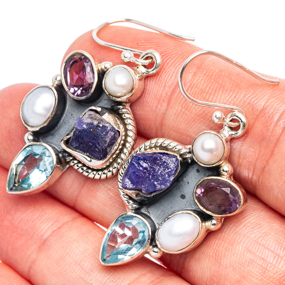 Premium Rough Tanzanite, Blue Topaz, Amethyst, Cultured Pearl Earrings 1 3/4" (925 Sterling Silver) E1717
