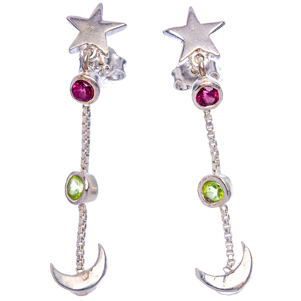Garnet, Peridot Moon Star Earrings 1 1/2" (925 Sterling Silver) E433448