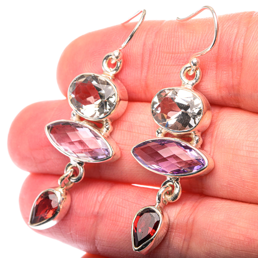 Amethyst, White Quartz, Garnet Earrings 1 7/8" (925 Sterling Silver) EARR432135