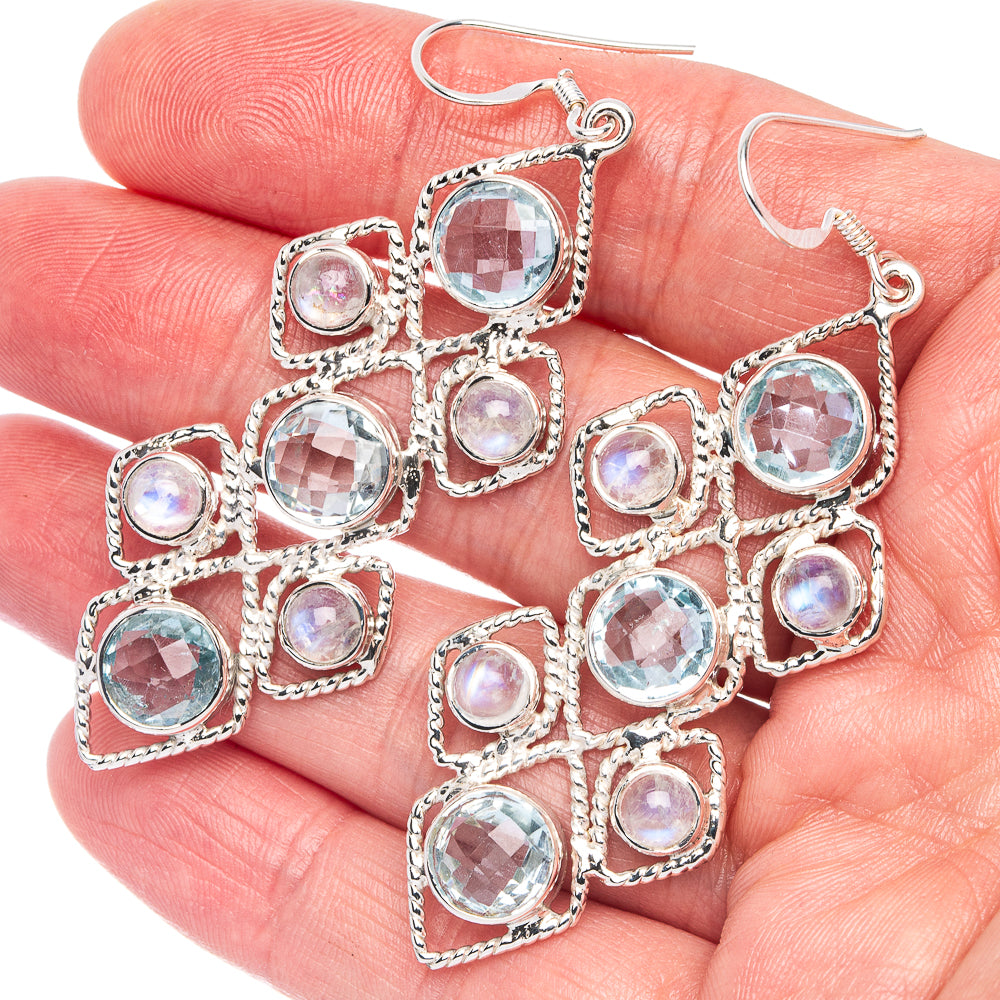 Signature Blue Topaz, Rainbow Moonstone Earrings 2 3/4" (925 Sterling Silver) E1349