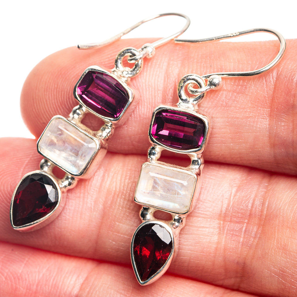 Rainbow Moonstone, Garnet Earrings 1 5/8" (925 Sterling Silver) E432740