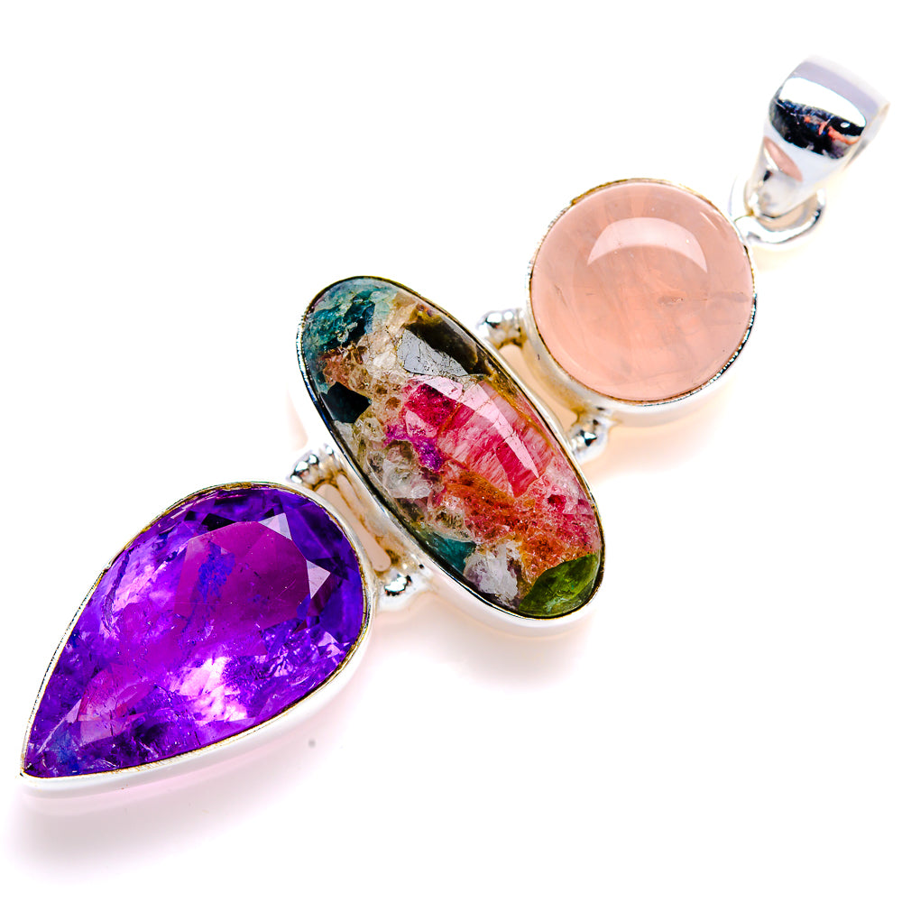 Natural Tourmaline, Amethyst, Rose Quartz Pendant 2 1/4" (925 Sterling Silver) PD38150