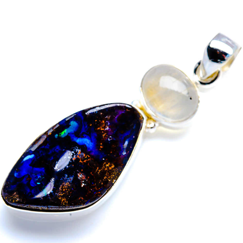 Boulder Opal, Rainbow Moonstone 925 Sterling Silver Pendant 2" (925 Sterling Silver) PD38412
