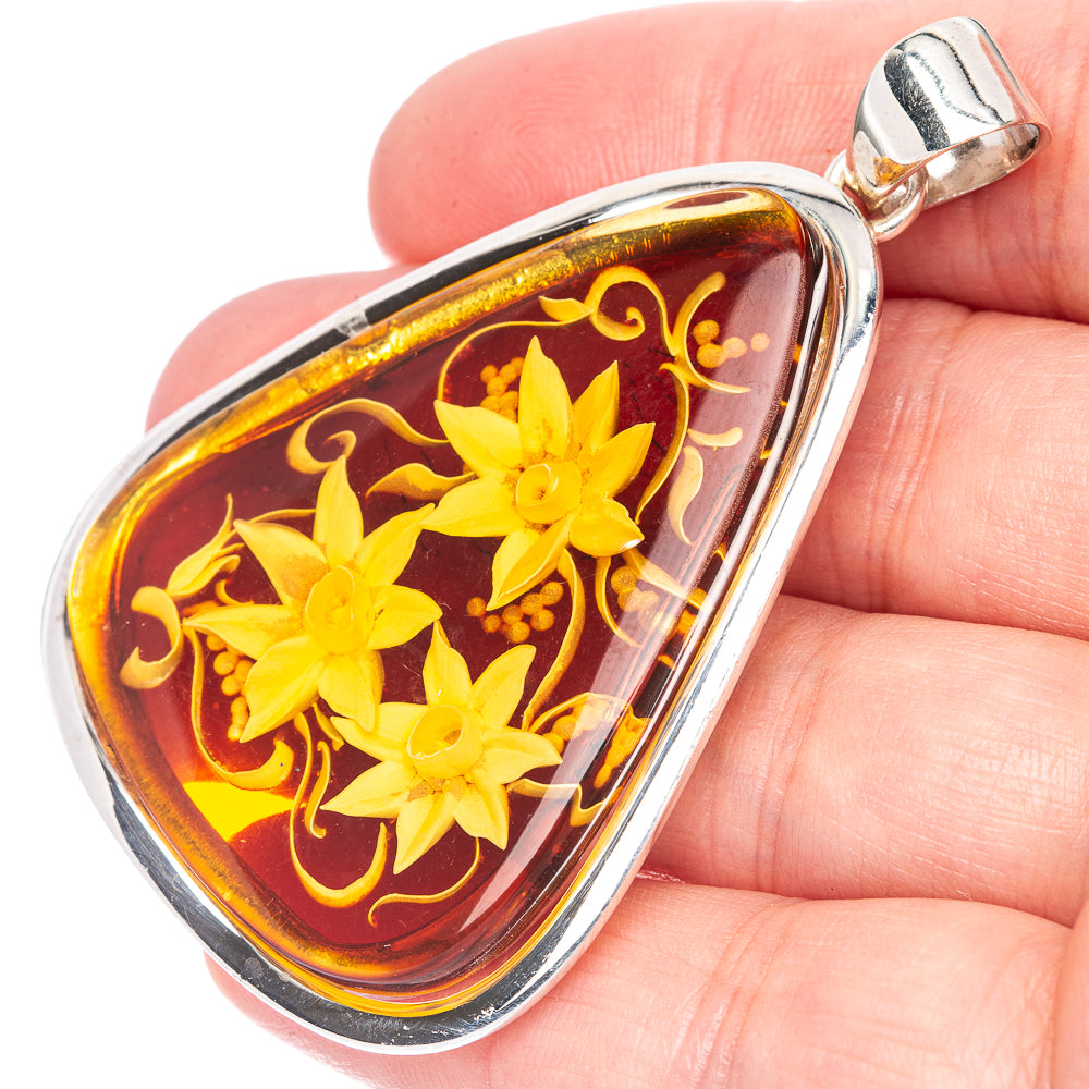 Anasilvercos Baltic Amber Cameo Pendant 2 1/2" (925 Sterlnig Silver)