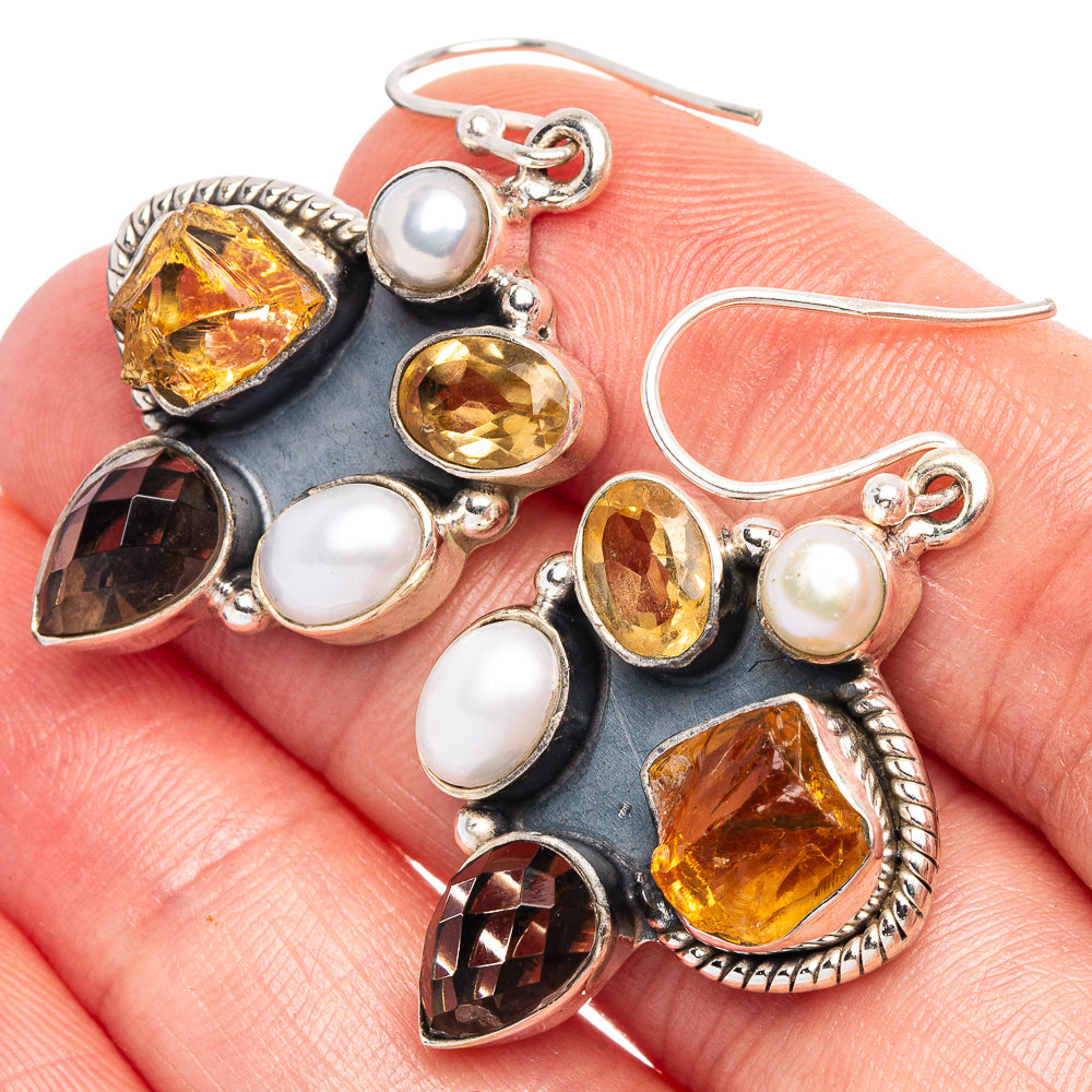 Premium Rough Citrine, Smoky Quartz, Cultured Pearl Earrings 1 5/8" (925 Sterling Silver) E1813