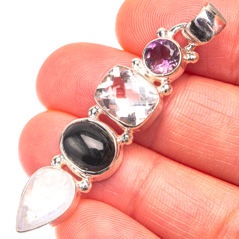 Rainbow Moonstone, White Quartz, Black Onyx, Amethyst Pendant 2" (925 Sterling Silver) P38693