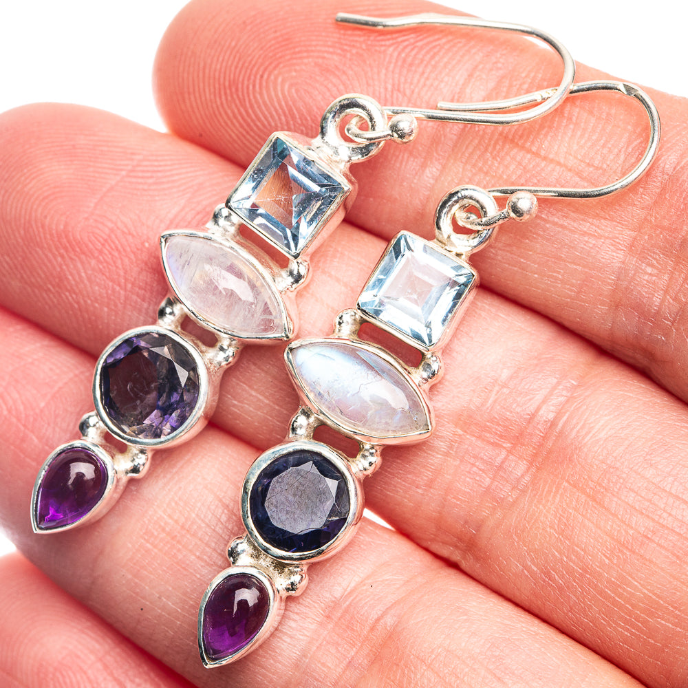 Rainbow Moonstone, Blue Topaz, Tanzanite, Amethyst Earrings 1 7/8" (925 Sterling Silver) E432617