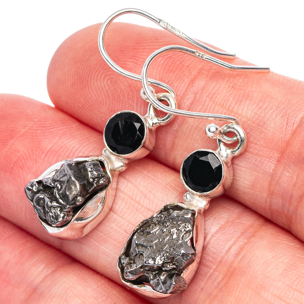 Rough Meteorite, Black Onyx Earrings 1 3/8" (925 Sterling Silver) E433190
