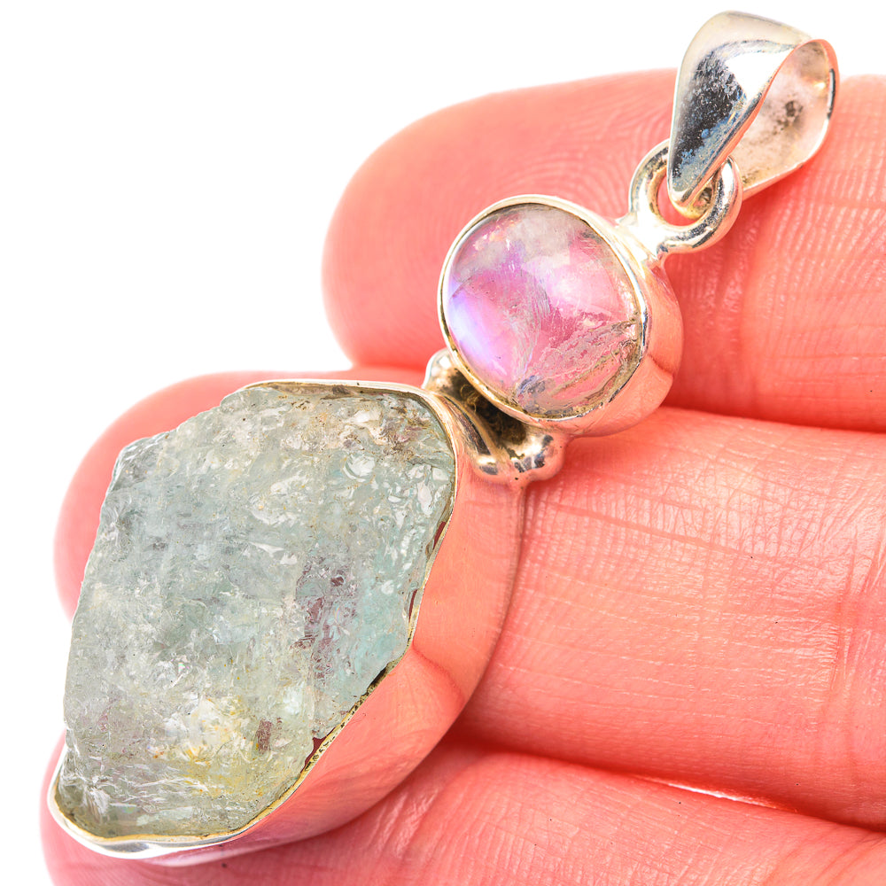 Raw Aquamarine, Rainbow Moonstone Pendant 1 3/4" (925 Sterling Silver) PD38557