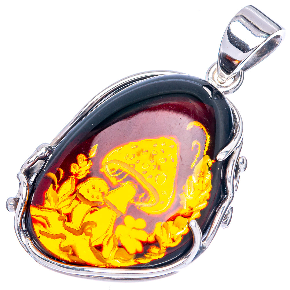 Amber Intaglio Mushroom Pendant 1 5/8" (925 Sterling Silver) P42553
