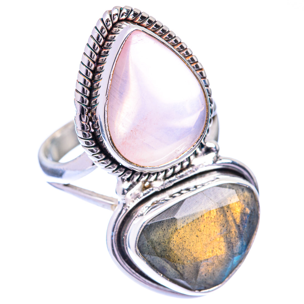 Large Rose Quartz, Labradorite Ring Size 8.5 (925 Sterling Silver) R141013