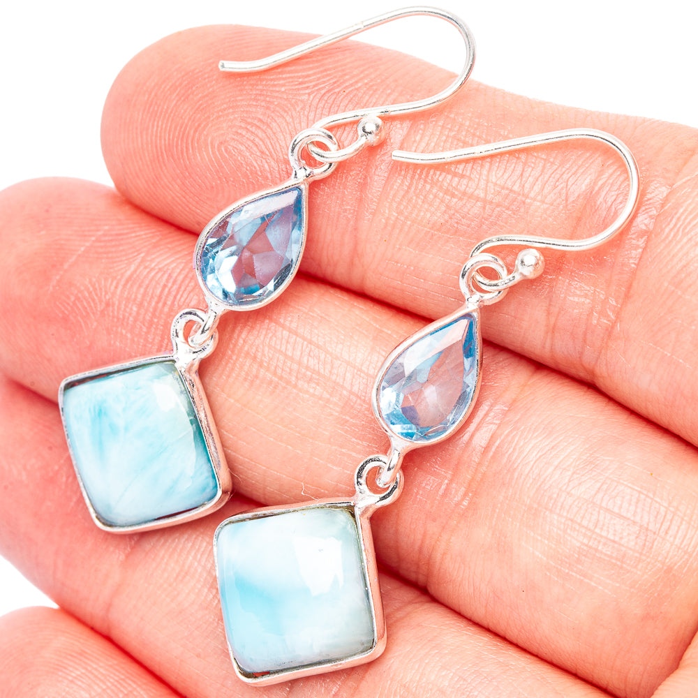 Rare Larimiar, Blue Topaz Earrings 1 3/4" (.925 Sterling Silver)