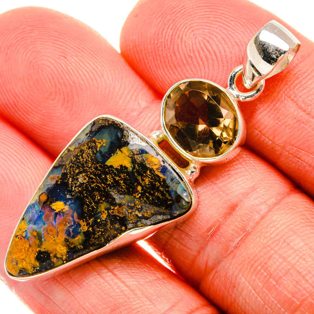 Boulder Opal, Smoky Quartz 925 Sterling Silver Pendant 1 7/8" (925 Sterling Silver) PD38314