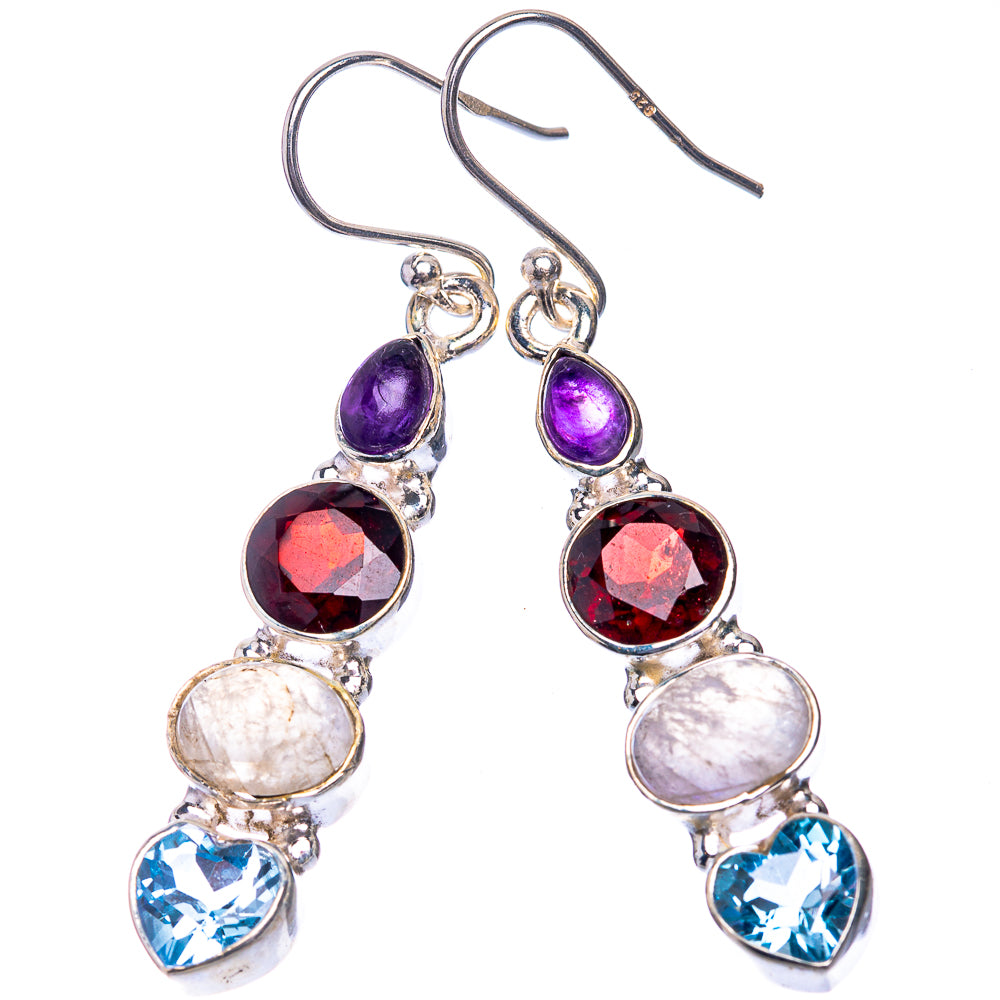 Rainbow Moonstone, Garnet, Amethyst, Blue Topaz Earrings 1 7/8" (925 Sterling Silver) E432592