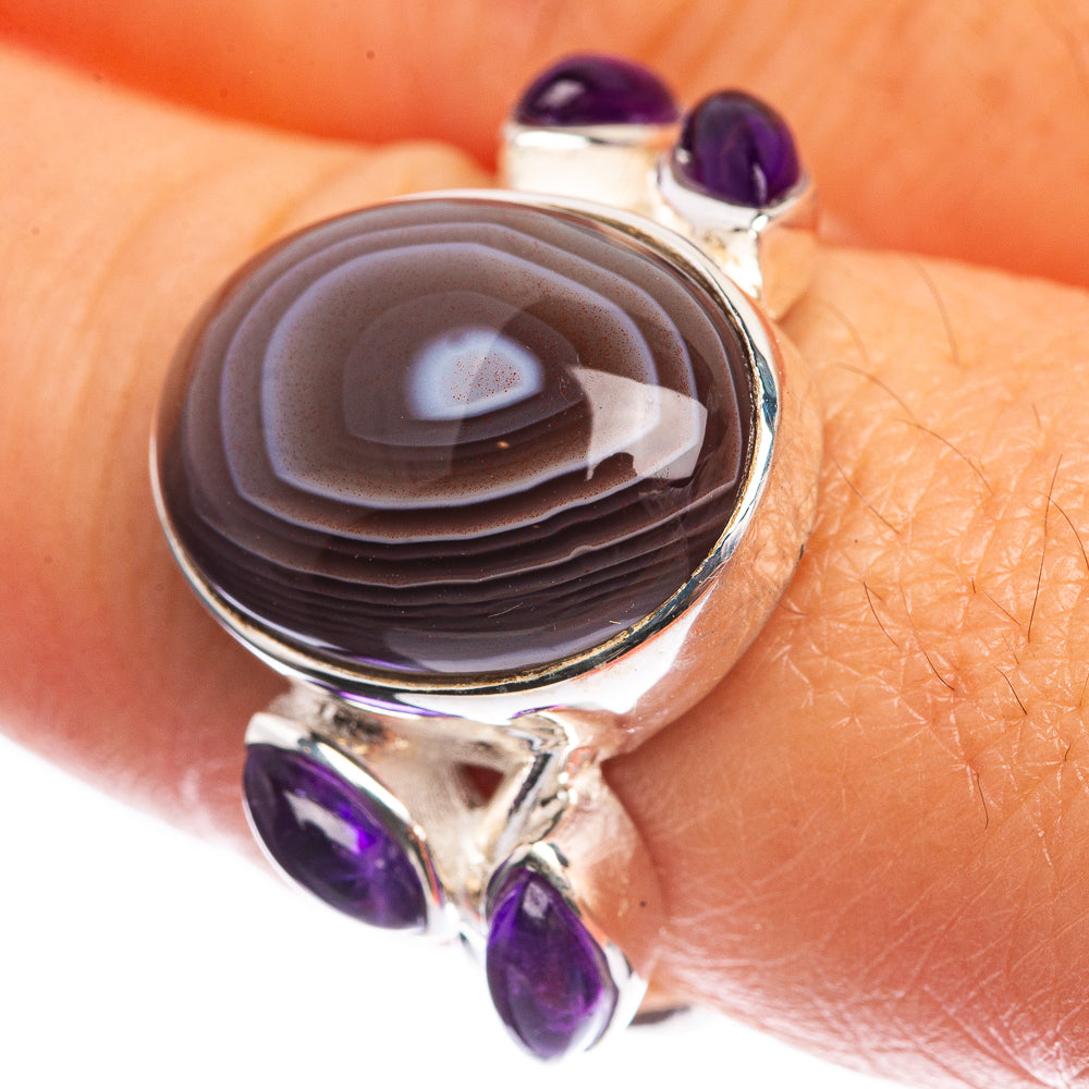 Botswana Agate, Amethyst 925 Sterling Silver Ring Size 8