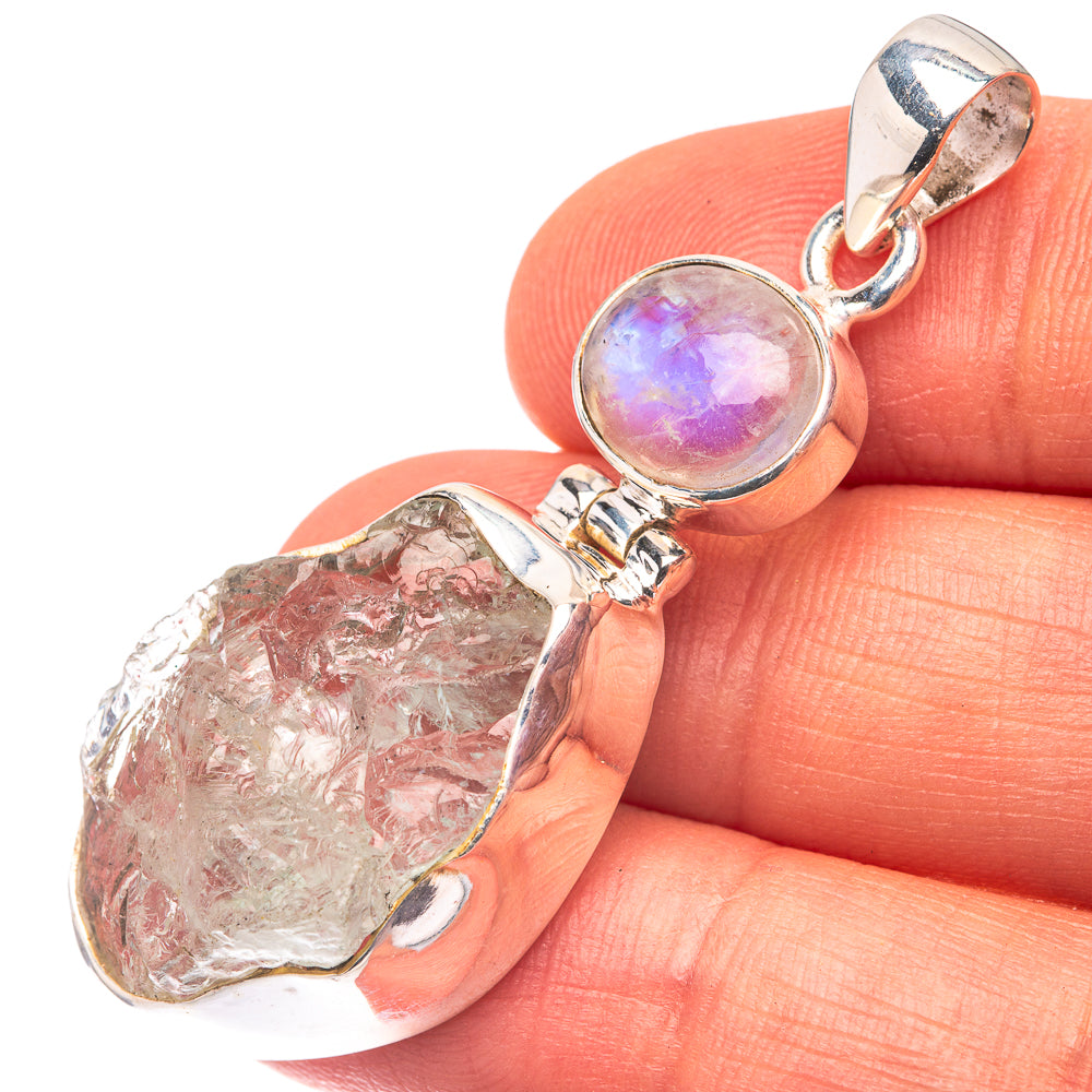 Raw Aquamarine, Rainbow Moonstone 925 Sterling Silver Pendant 1 7/8" (925 Sterling Silver) PD38630