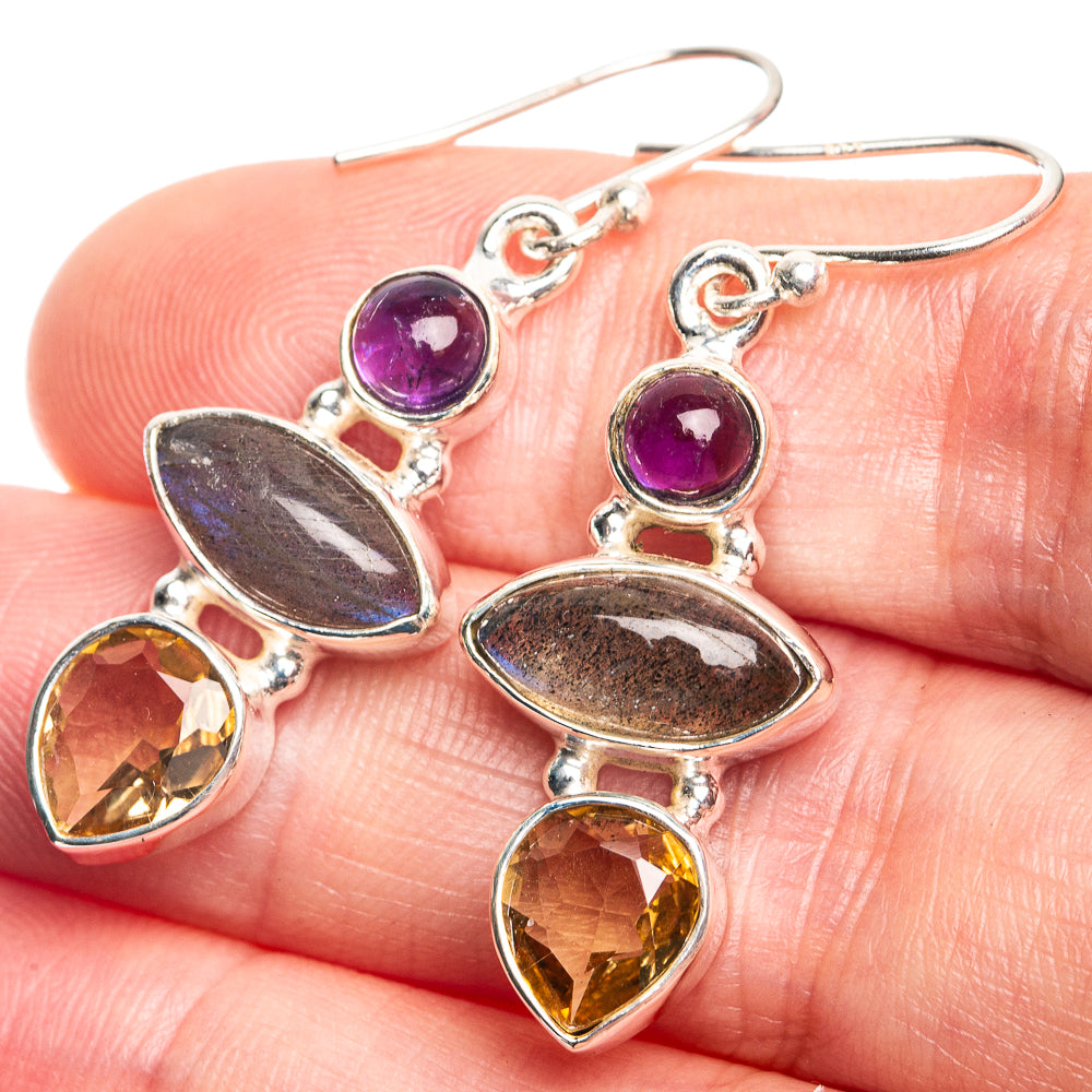 Labradorite, Citrine, Amethyst Earrings 1 5/8" (925 Sterling Silver) E432709