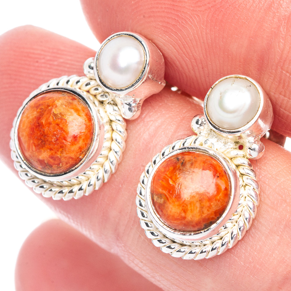 Sponge Coral, Cultured Pearl Earrings 5/8" (925 Sterling Silver) E433501
