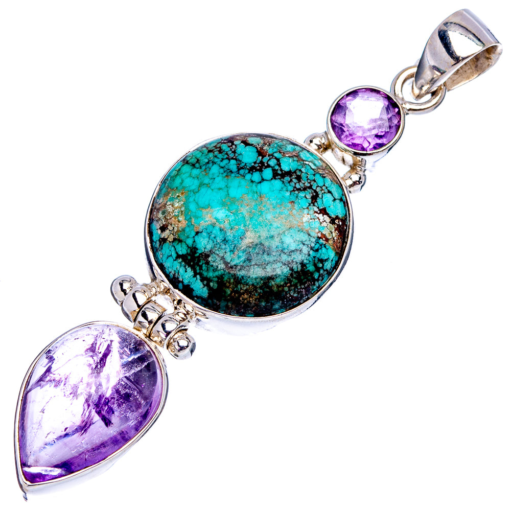 Premium Tibetan Turquoise, Amethyst Pendant 2 1/4" (.925 Sterling Silver)