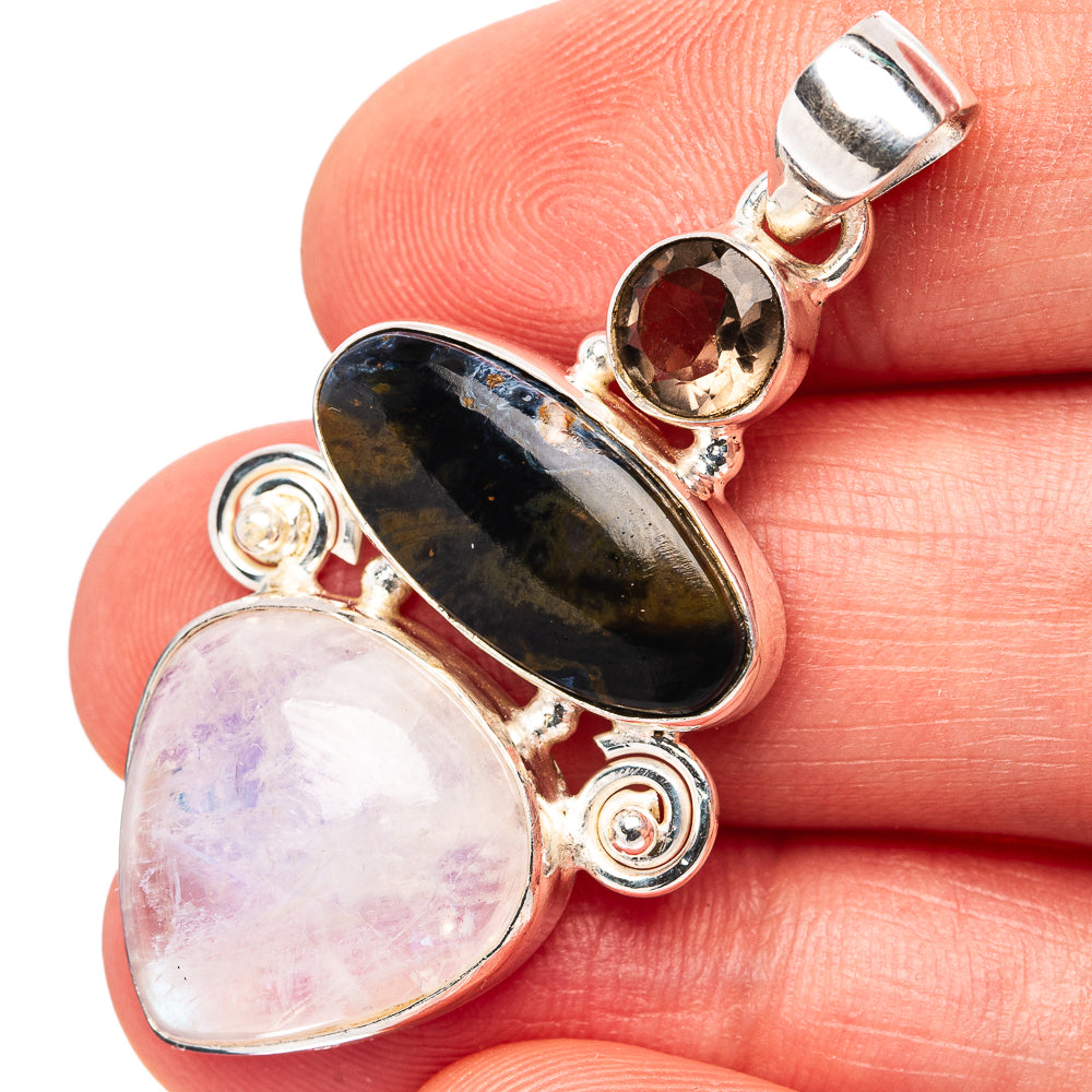 Premium Pietersite, Rainbow Moonstone, Smoky Quartz Pendant 1 3/4" (.925 Sterling Silver)