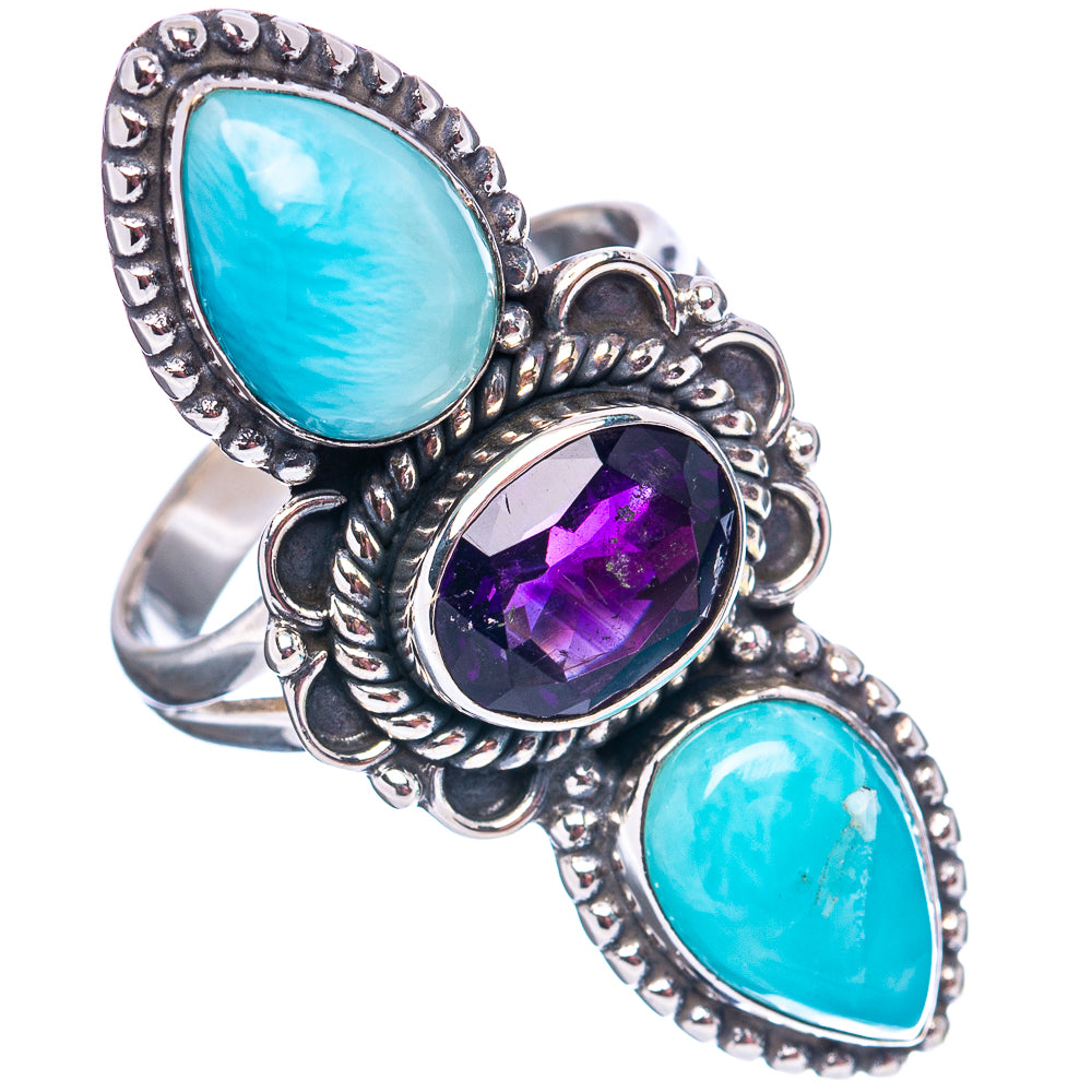 Premium Larimar, Amethyst Ring Size 9 (.925 Sterling Silver)
