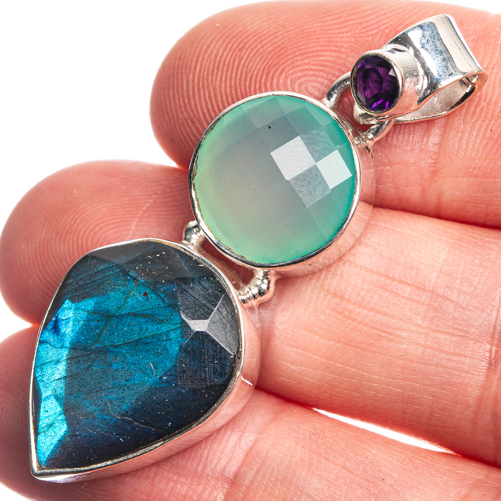 Labradorite, Aqua Chalcedony 925 Sterling Silver Pendant 1 3/4"