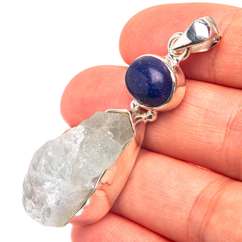Raw Aquamarine, Lapis Lazuli 925 Sterling Silver Pendant 1 7/8" (925 Sterling Silver) PD38621
