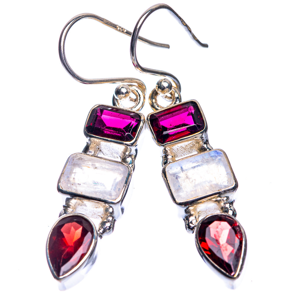 Rainbow Moonstone, Garnet Earrings 1 1/2" (925 Sterling Silver) E432729