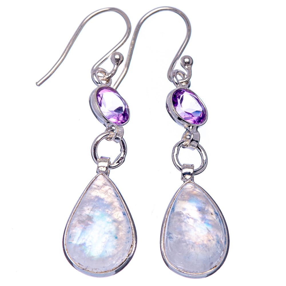 Rainbow Moonstone, Amethyst Earrings 1 3/4" (.925 Sterling Silver)