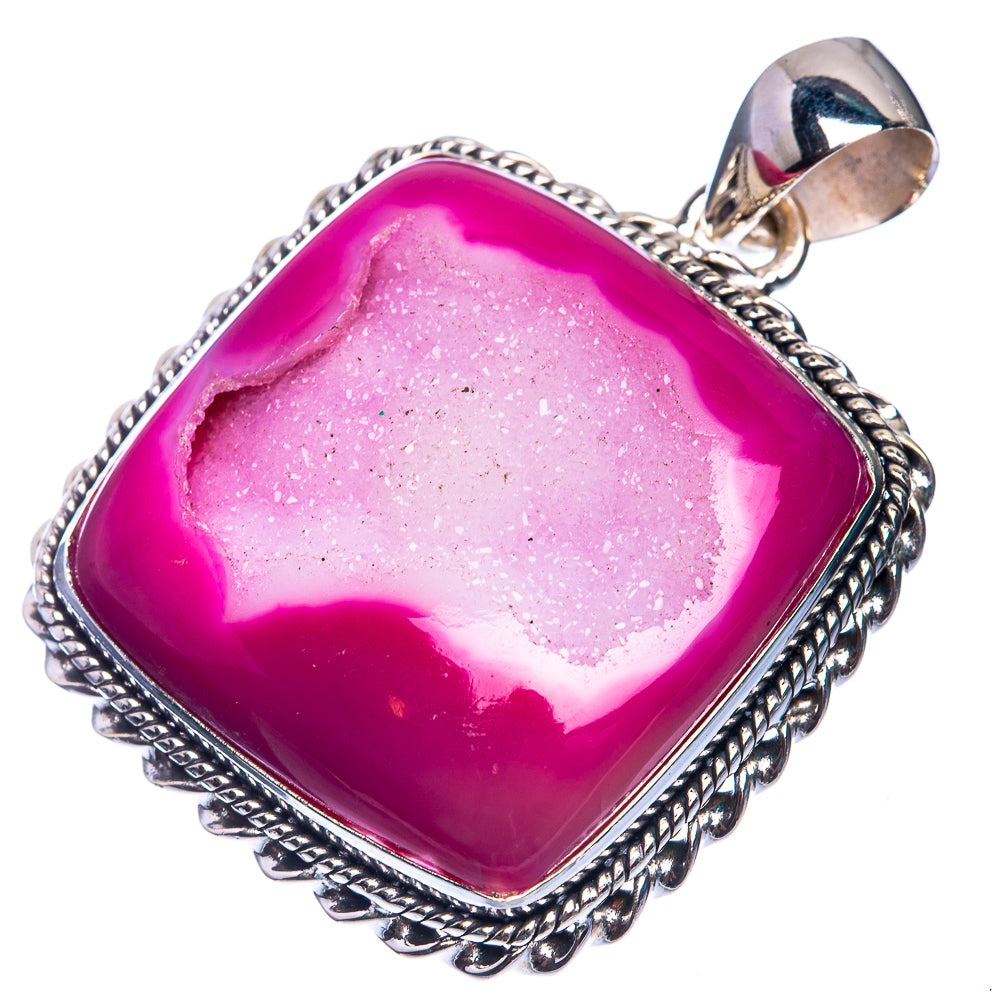 Pink Druzy 925 Sterling Silver Pendant 1 5/8"