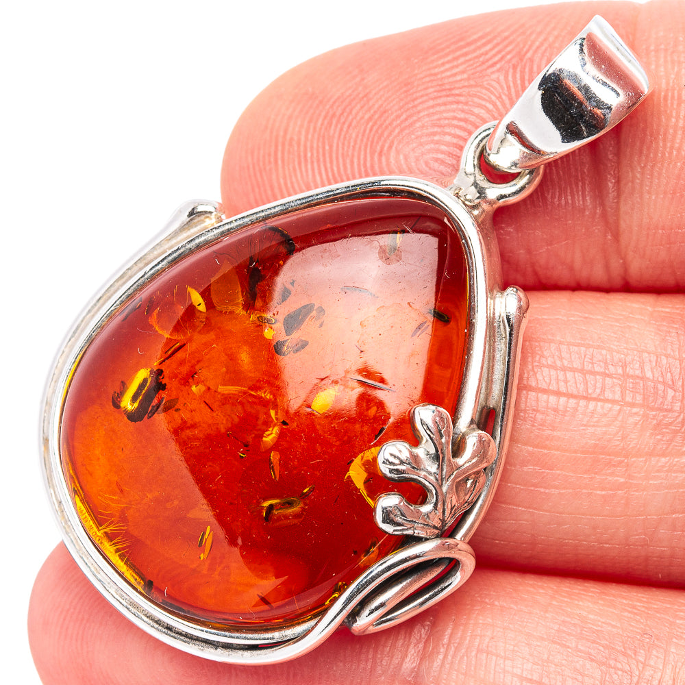 Baltic Amber Leaf Pendant 1 5/8" (.925 Sterling Silver)