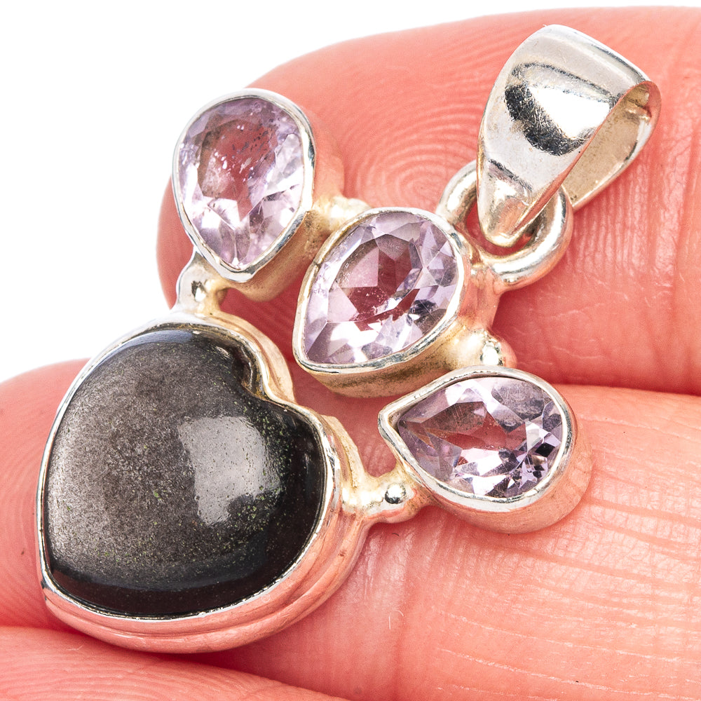 Gold Sheen Obsidian Heart, Rose Quartz Pendant 1 1/4" (925 Sterling Silver) P40240