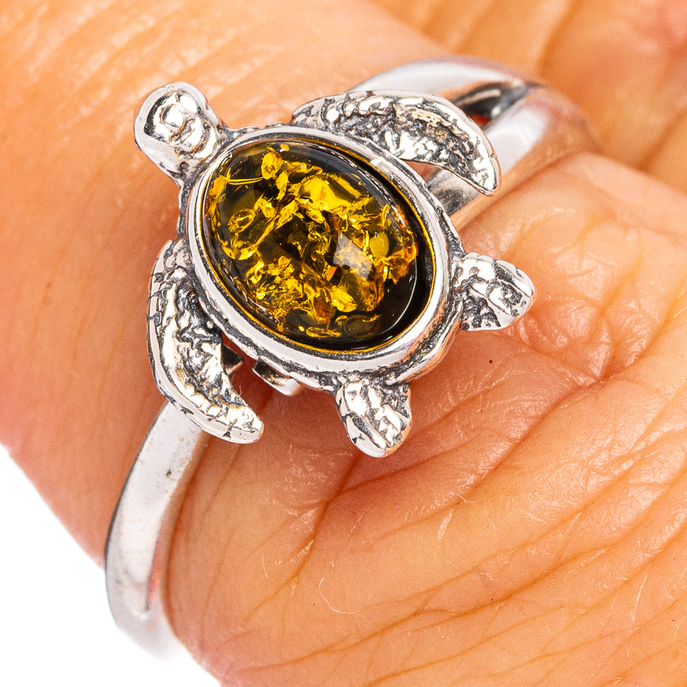 Baltic Amber Sea Turtle Ring Size 6 Adjustable (.925 Sterling Silver)
