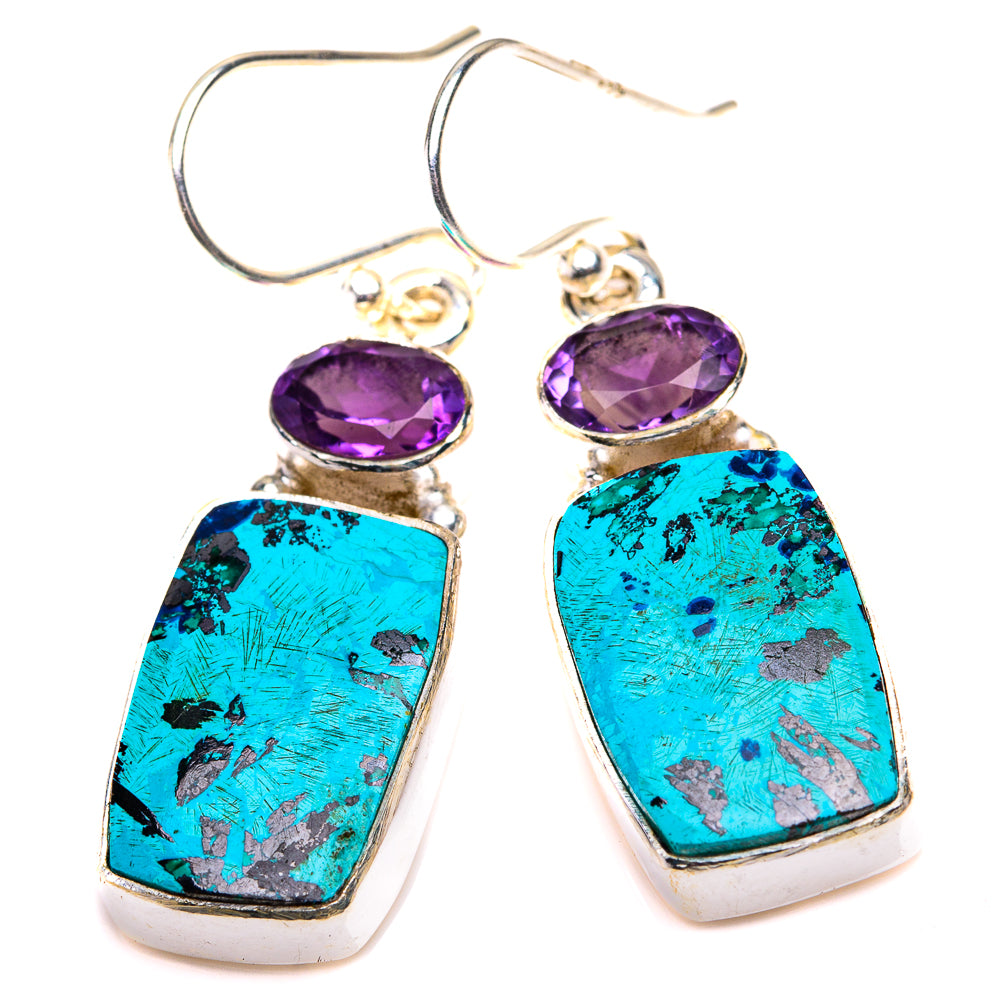 Shattuckite, Amethyst Earrings 1 1/2" (925 Sterling Silver) EARR432165