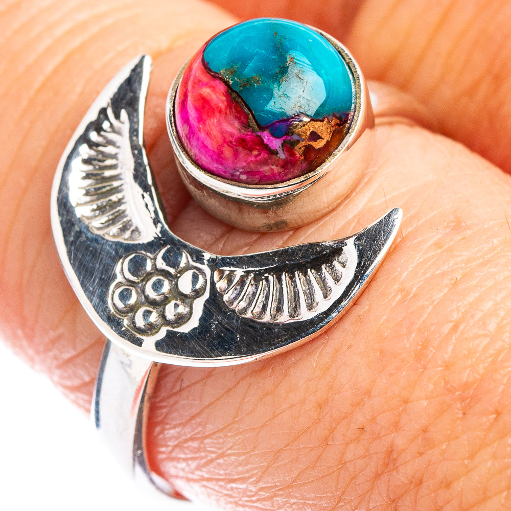 Pink Dahlia Mohave Turquoise Native Style Ring Size 9 Adjustable (.925 Sterling Silver)